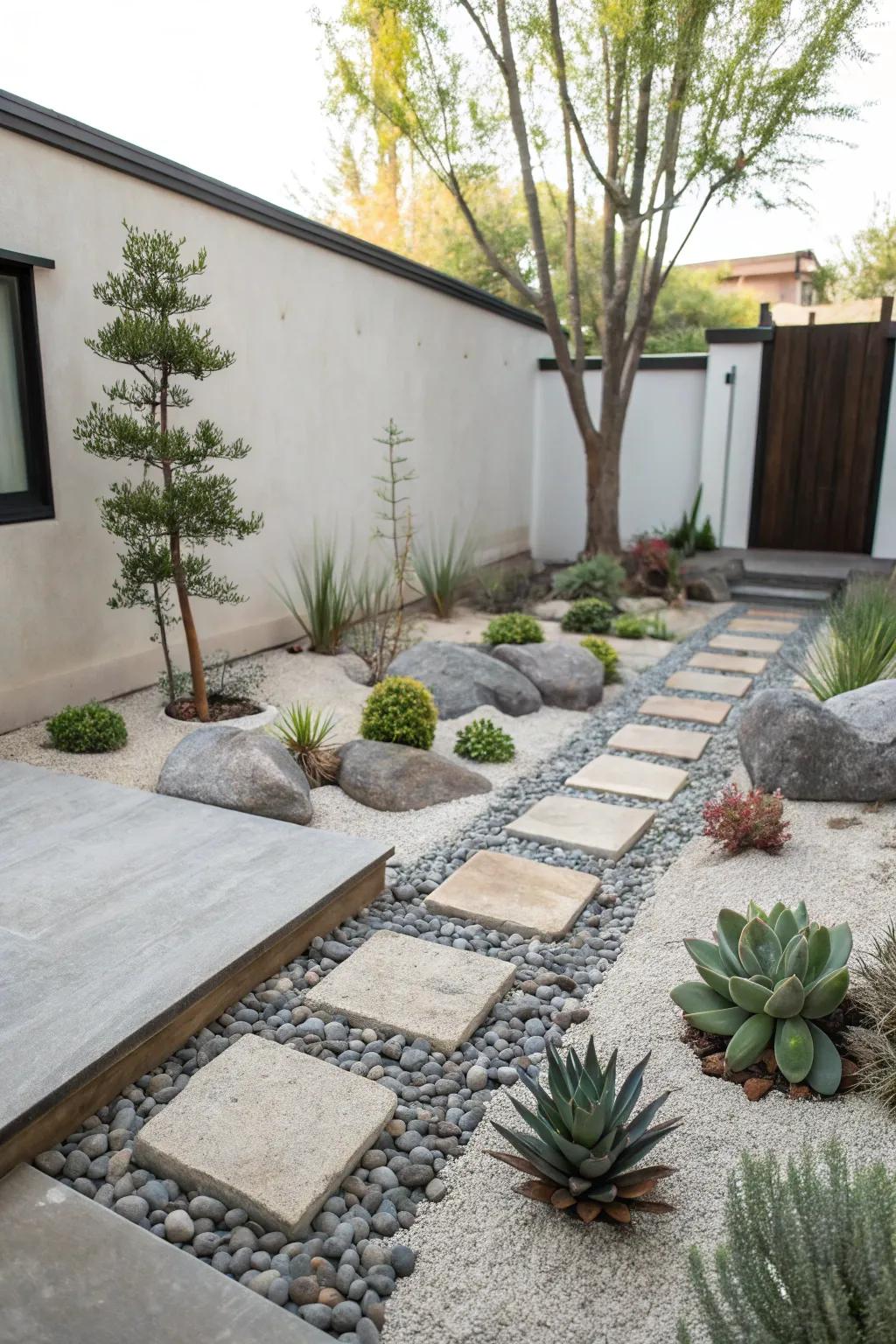 A serene Zen garden showcasing succulents and stone components.