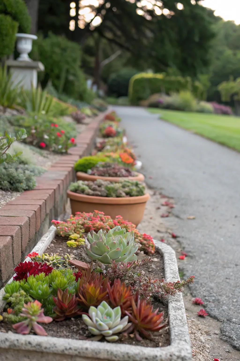 Succulent path planters add a guiding accent to garden walkways.