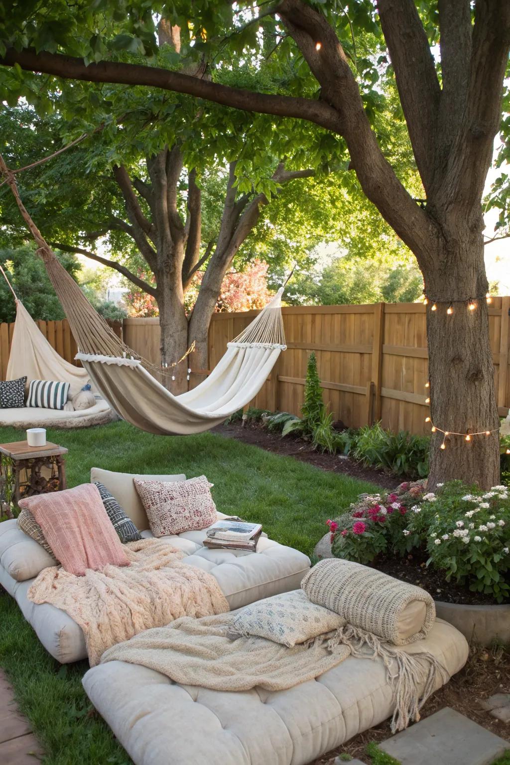 A relaxing chill zone with hammocks for lazy summertime afternoons.