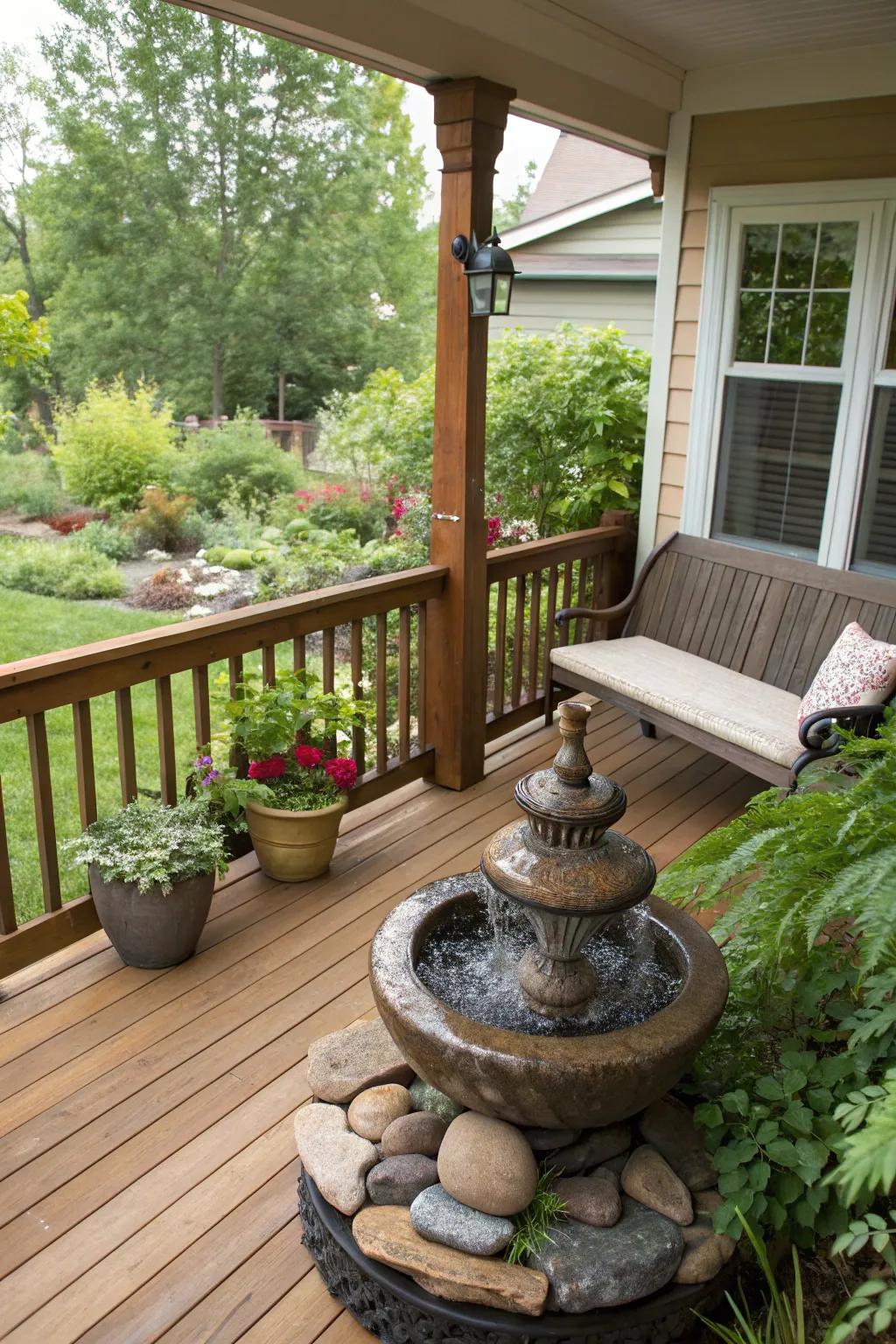 A DIY aqua feature introduces a soothing element onto the porch.