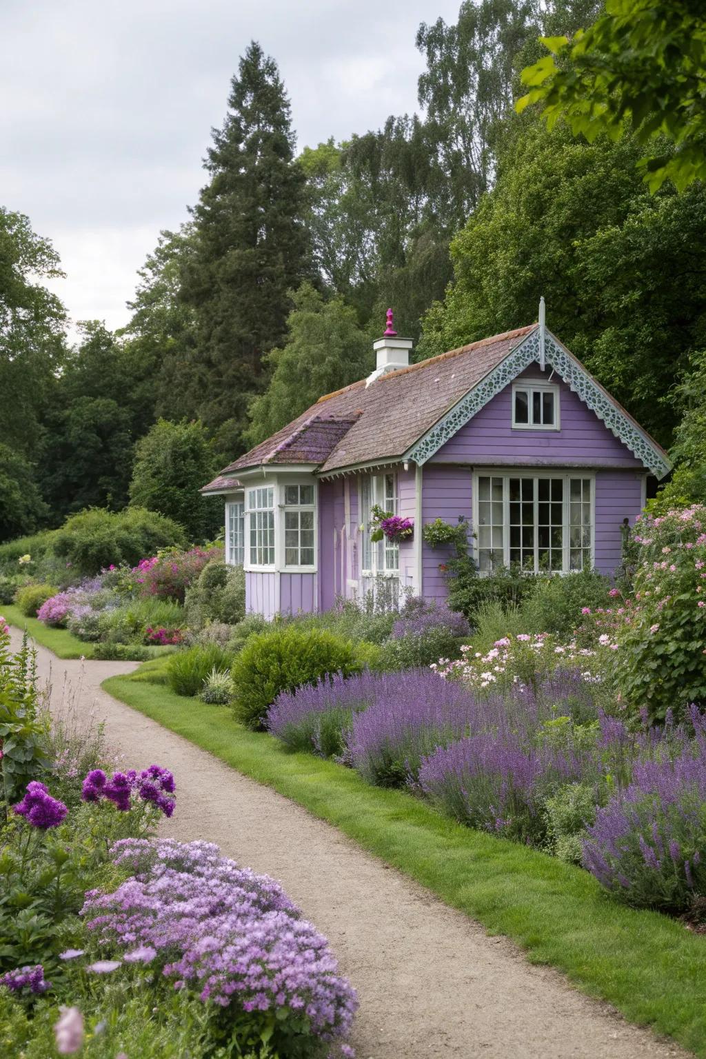 A soothing purple summer house, great for relaxing in the garden.