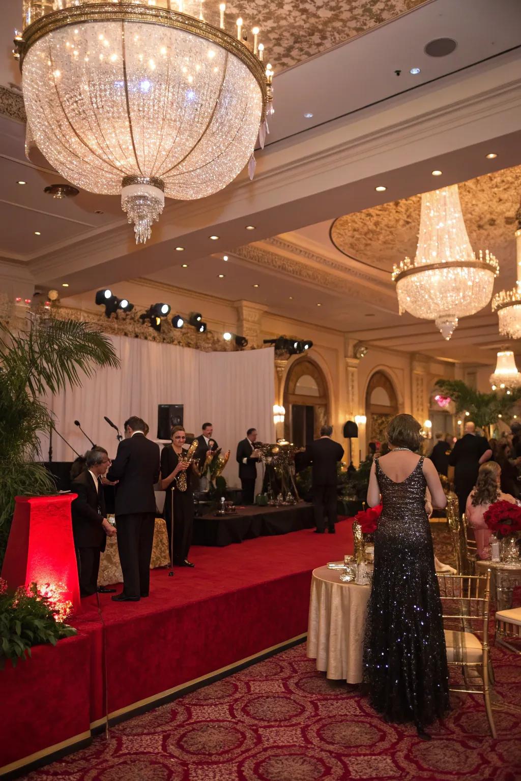 A glamorous Gatsby-themed ball featuring opulent 1920s decorations.