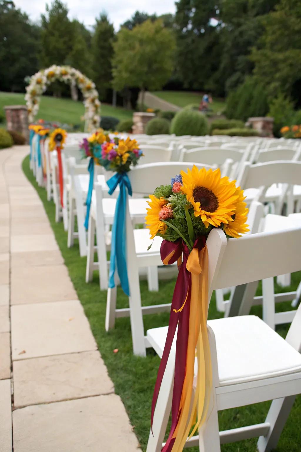 Chairs elegantly decorated with daisies at a wedding.