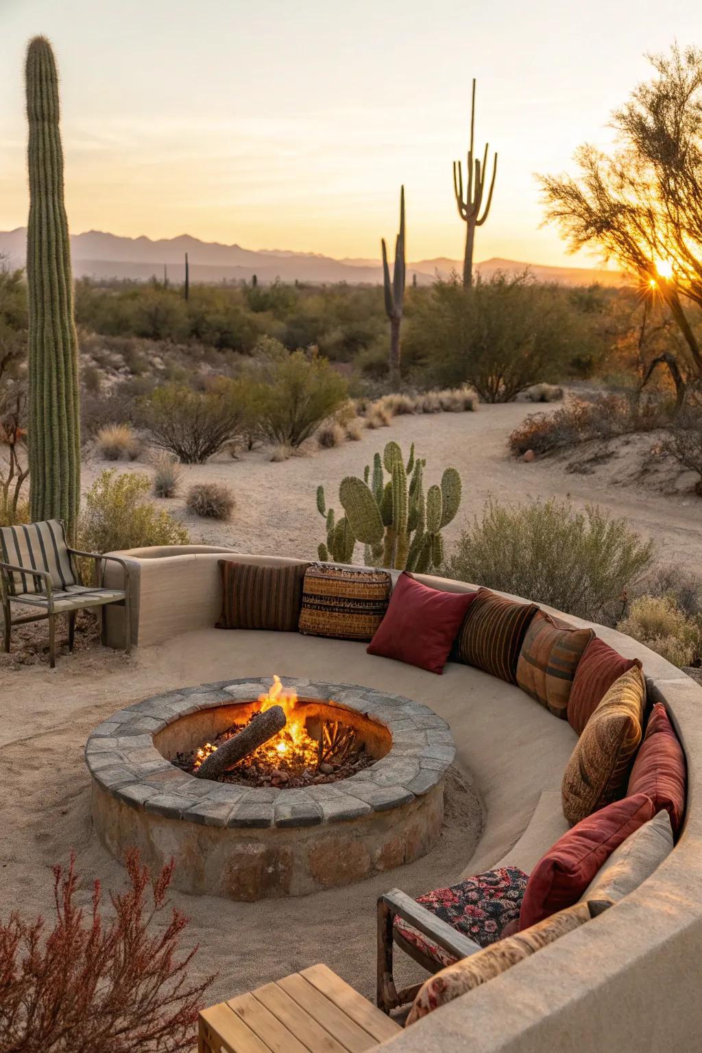 A desert sanctuary with a recessed fire pit.