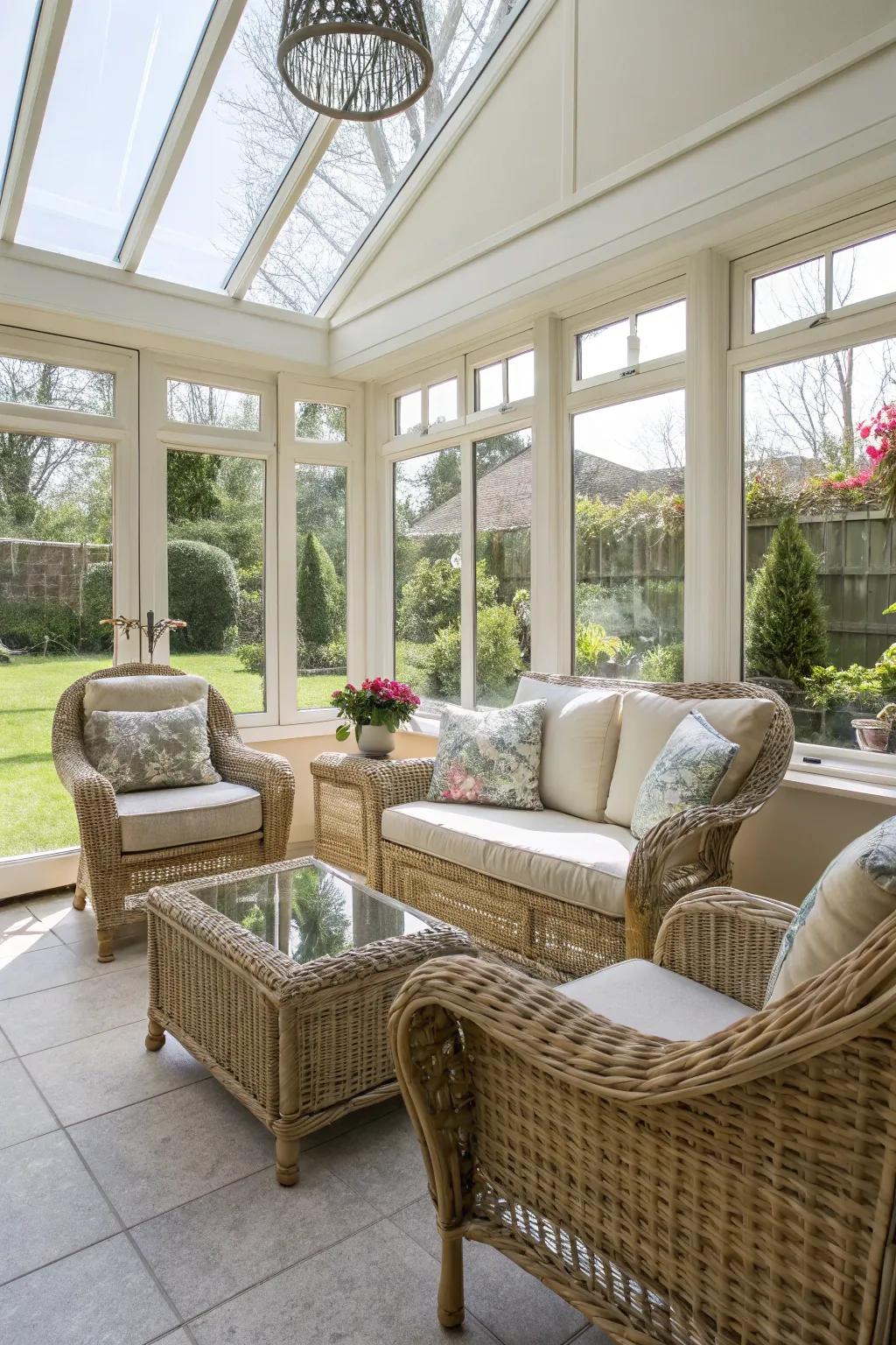 Weather-resistant furniture ensures toughness in the sunroom.