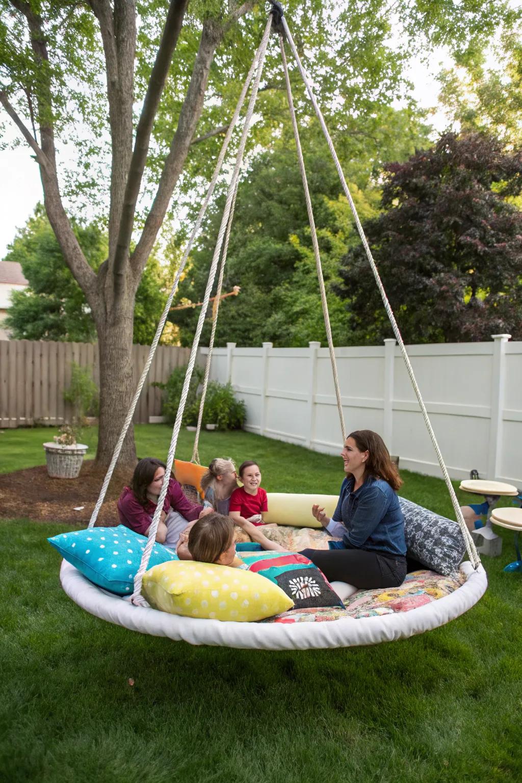 A floating platform swing serves as a lively social hub.
