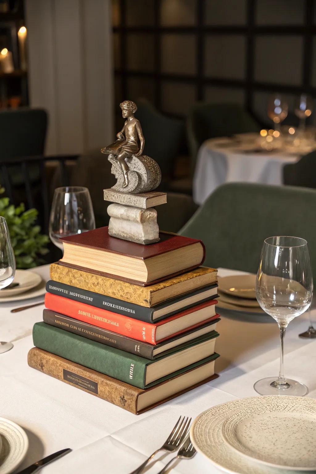 A smart and artistic centerpiece featuring a stack of books.