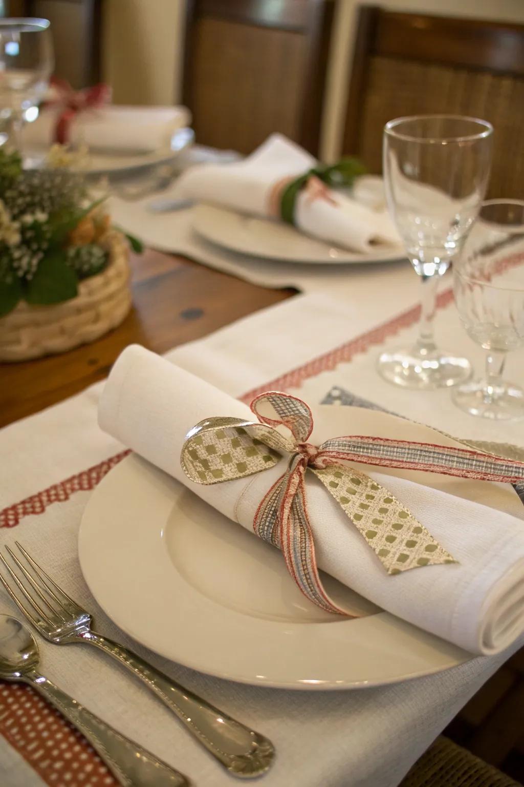 Handmade napkin adornments add a personal touch to the table design.