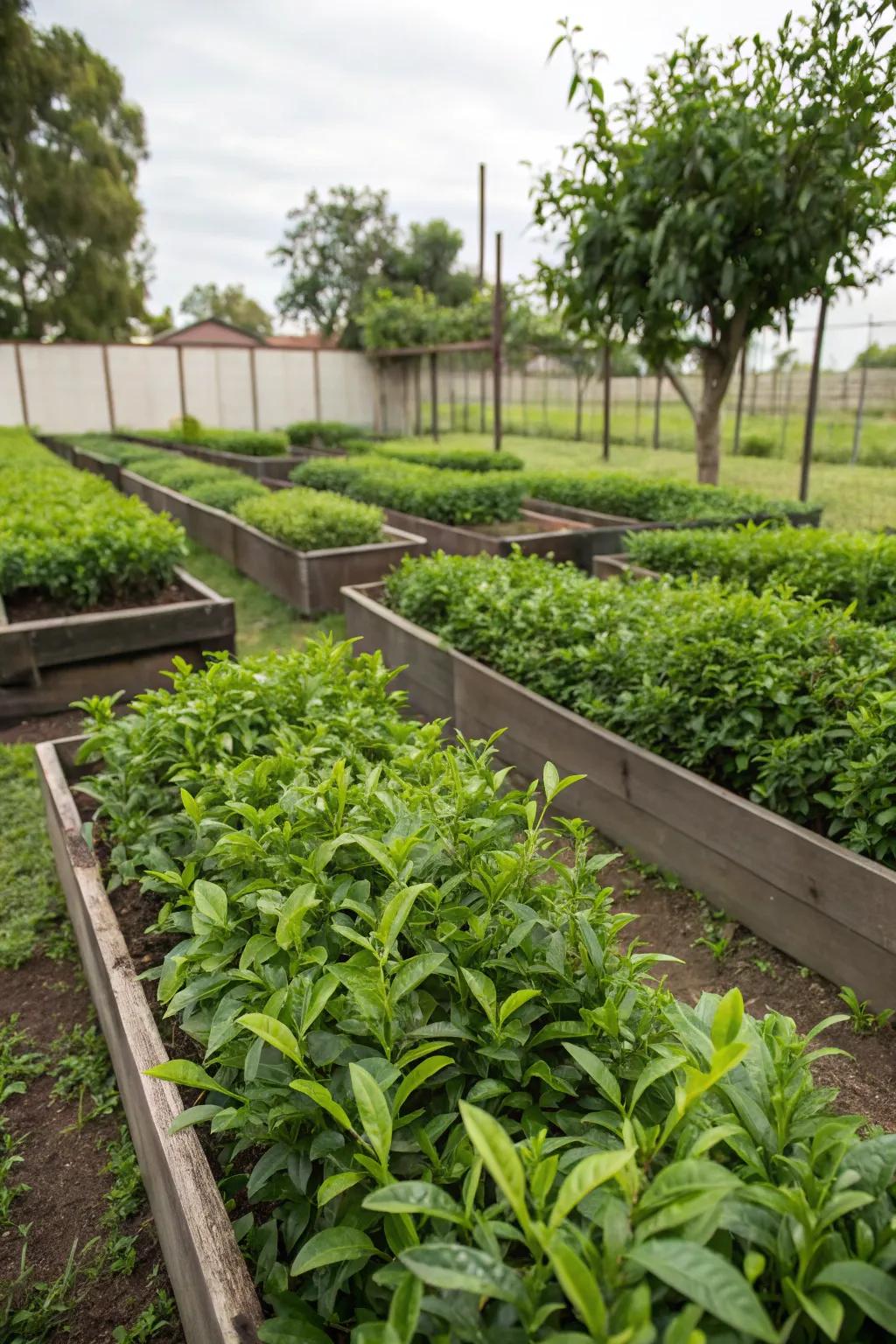Raised beds offering easy access and organization for your tea garden.