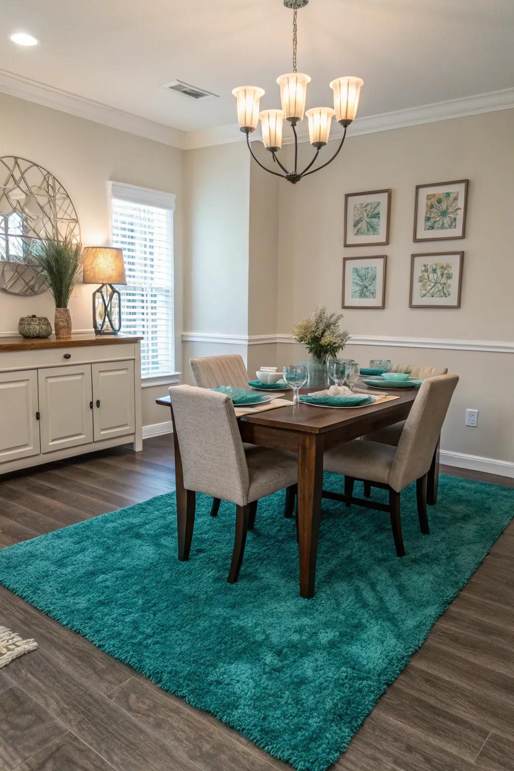 The dining area is grounded by a teal rug