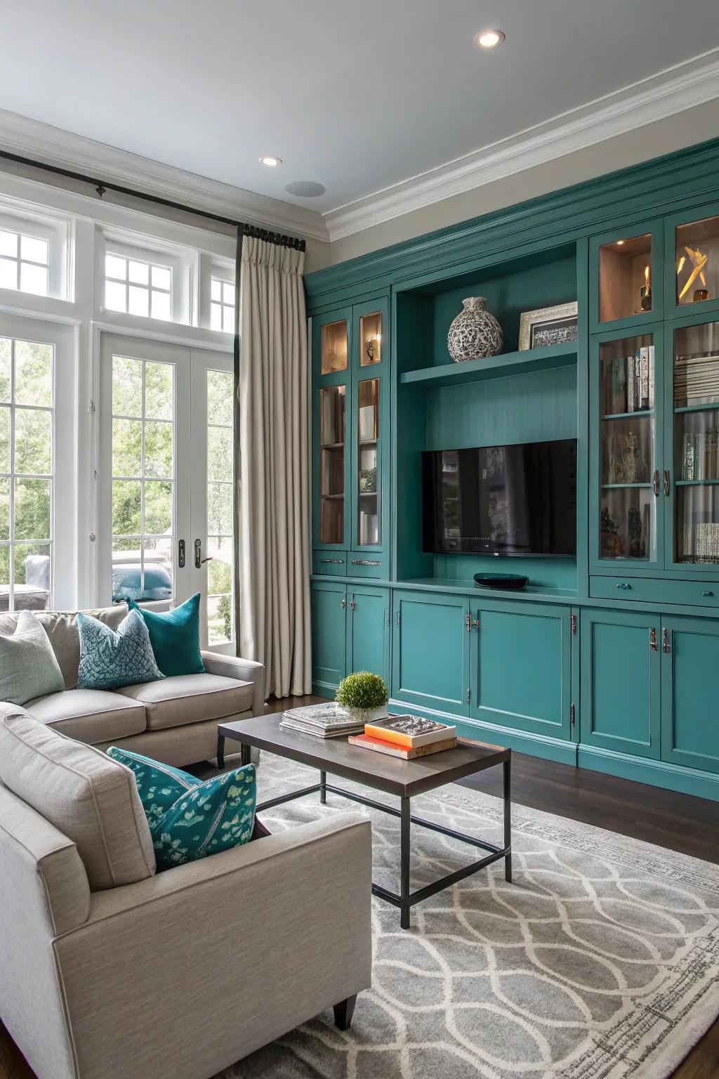 Teal cabinetry makes a bold design statement while also offering functionality.