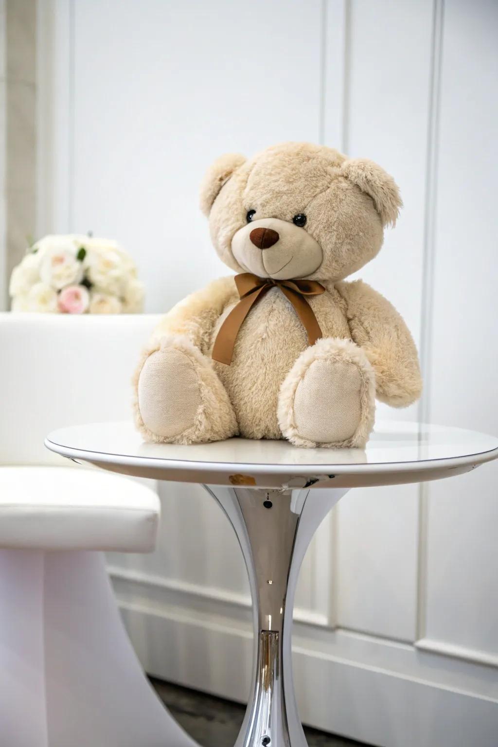 Elegant simplicity with a solitary cuddle toy centerpiece.