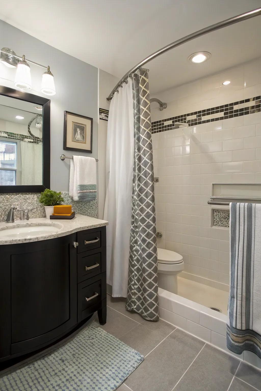 A curved shower rail adds luxury and space to the shower.