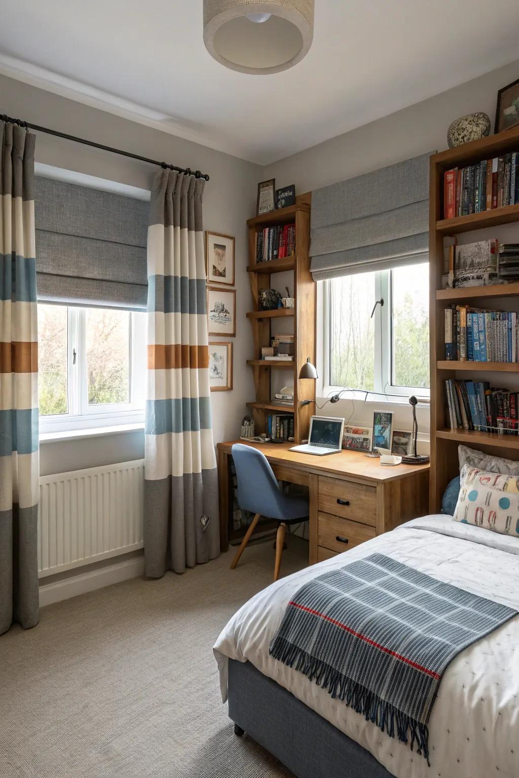 Layered curtains and shades provide flexibility in light and privacy.