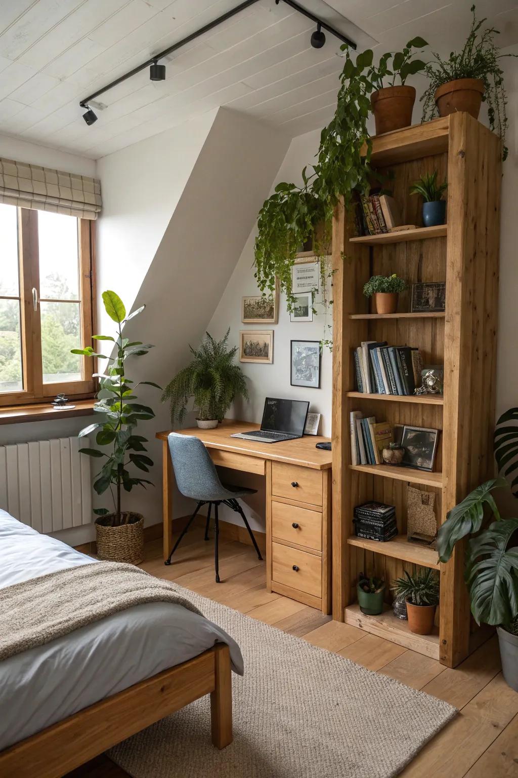 Natural elements like wood and plants add warmth to this teen boy's room.