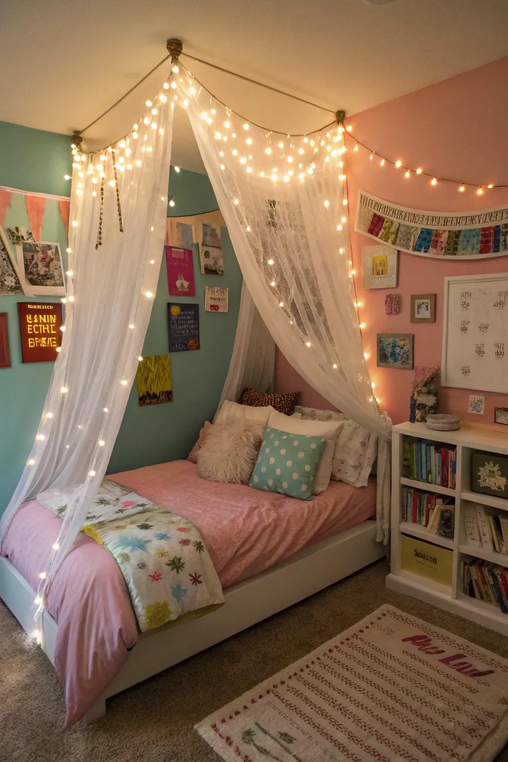 A whimsical bed canopy contributes a touch of enchantment to a teen girl's room.