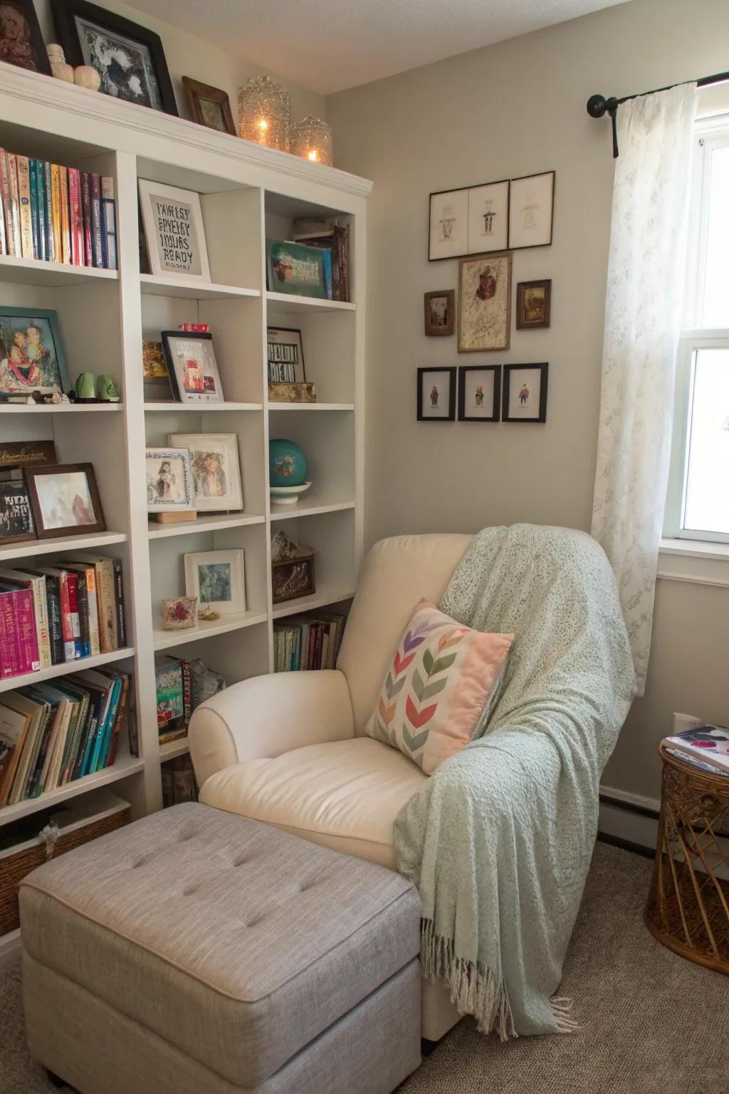 A reading area offers a comfortable location to unwind.