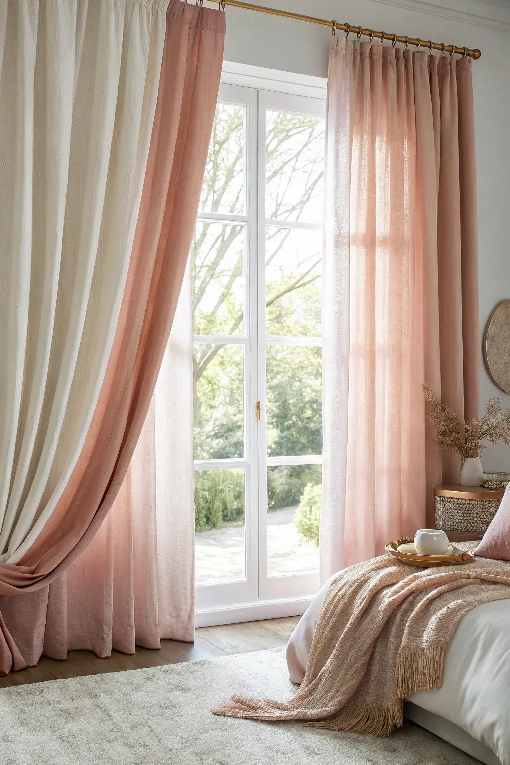 Layered curtains offer a luxurious and sophisticated element.
