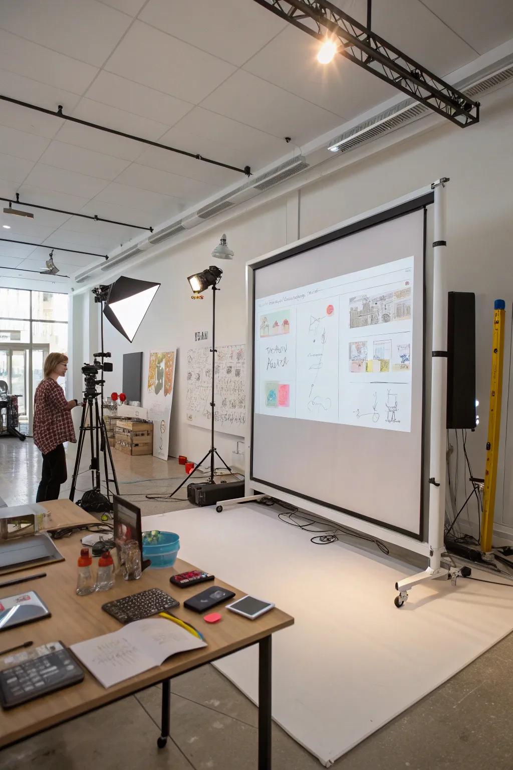 An interactive whiteboard on a movable wall sparks creativity in a studio.