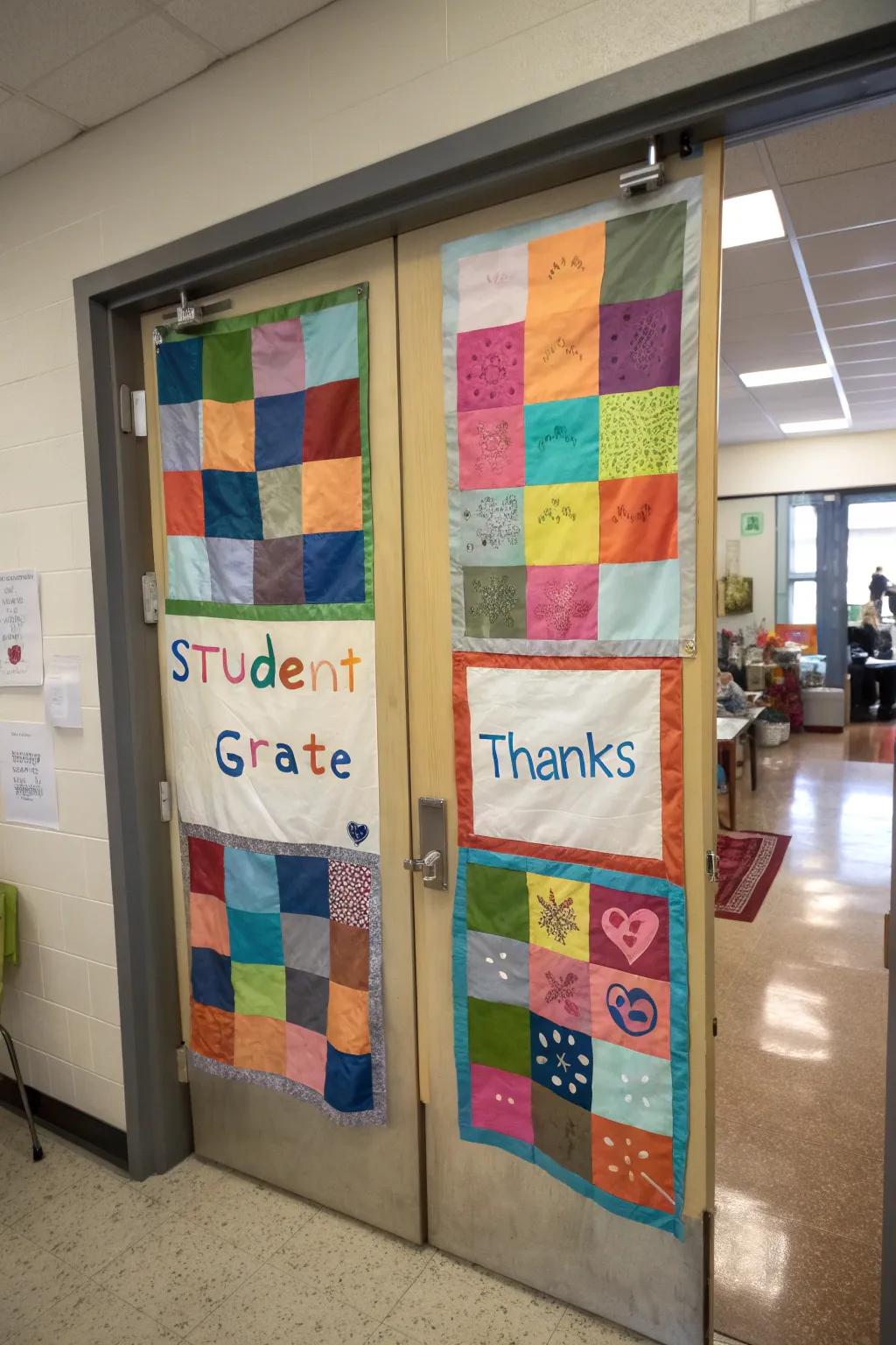 A quilt-inspired door design showcasing a patchwork of gratitude.