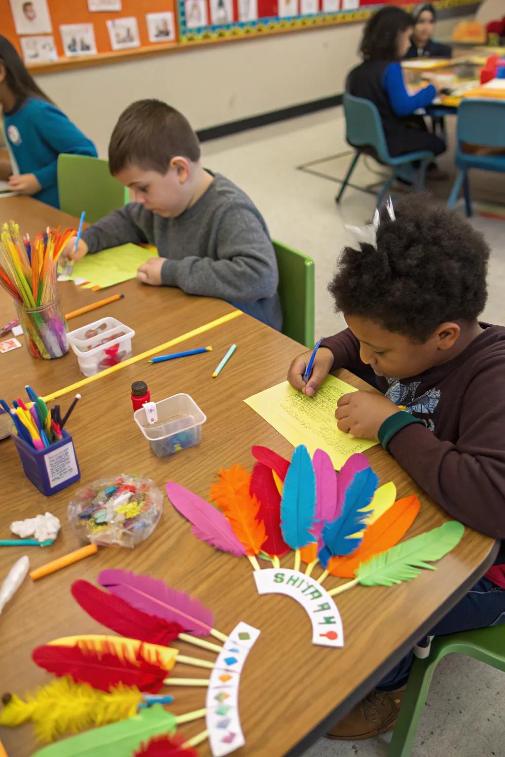 Turkeys crafted from crafting sticks inject a spirited component into classroom ornamentation.