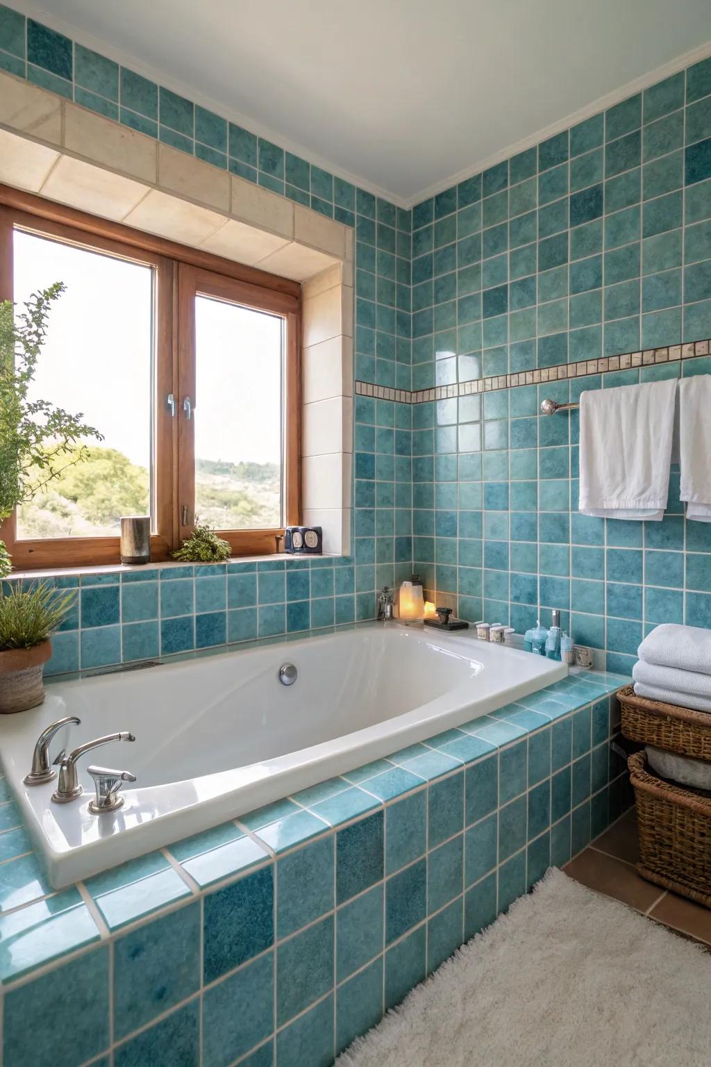 Ocean-colored tiles evoke the refreshing and calming essence of the ocean.