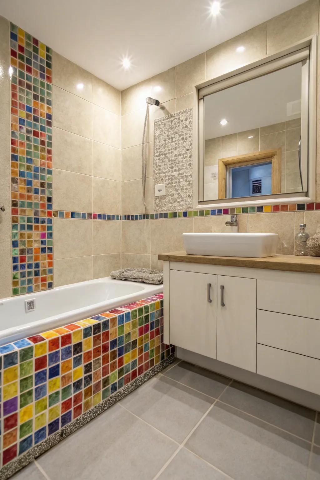 Intricate tile accents add color and texture, turning tiled walls into art.