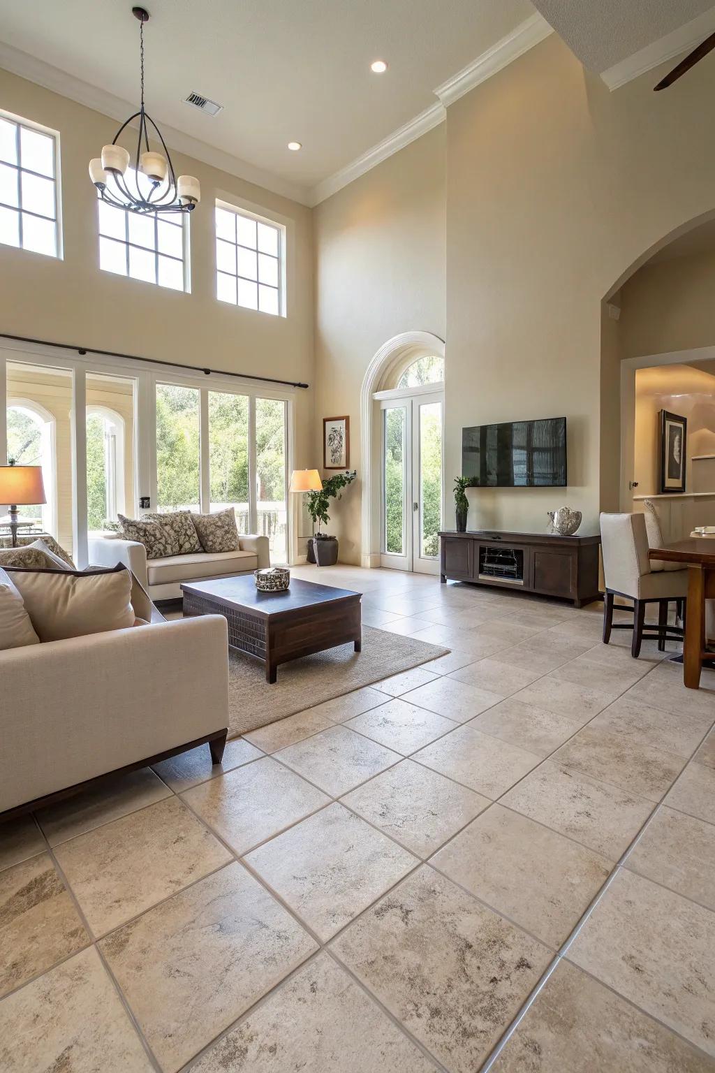 A seamless and expansive living space is created by large format tiles.