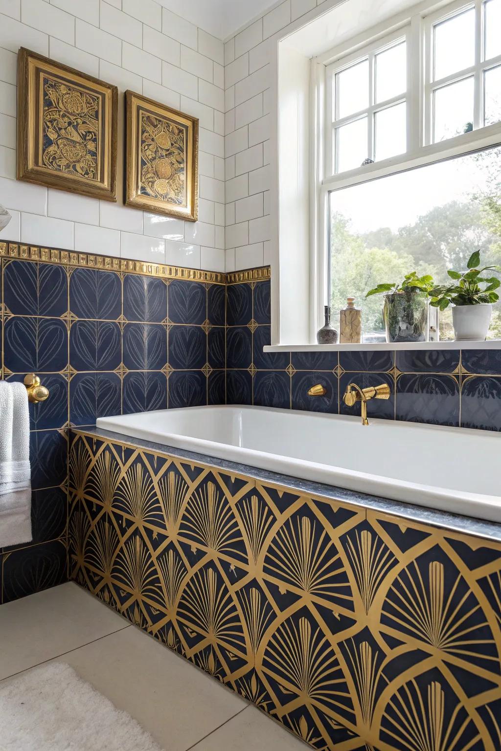 Transform your bathroom into an Art Deco dream with bold patterns and sophisticated style.