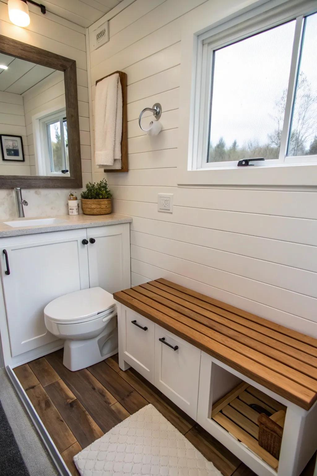 This small bathroom benefits from the adaptability of retractable components.