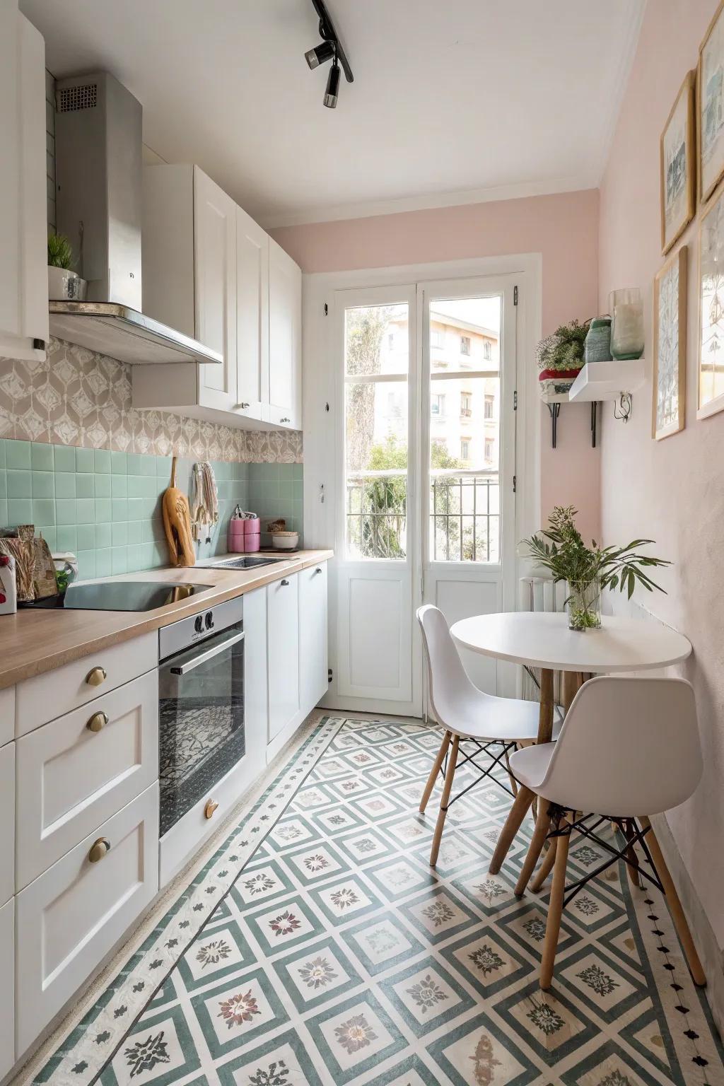 Patterned flooring infuses flair and a deceptive sense of space within a small kitchen.