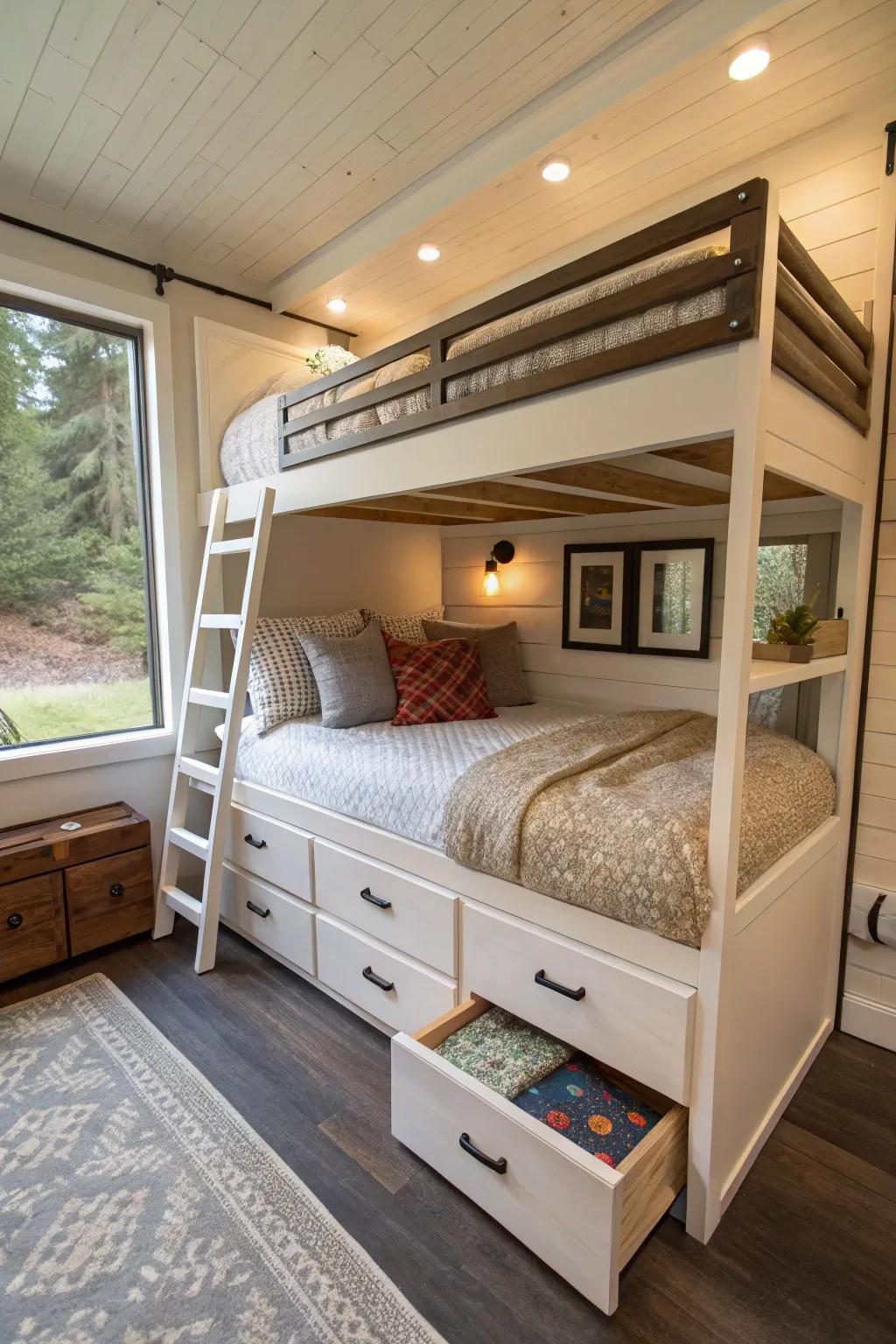 Bunk beds containing below-bed storage in a small home