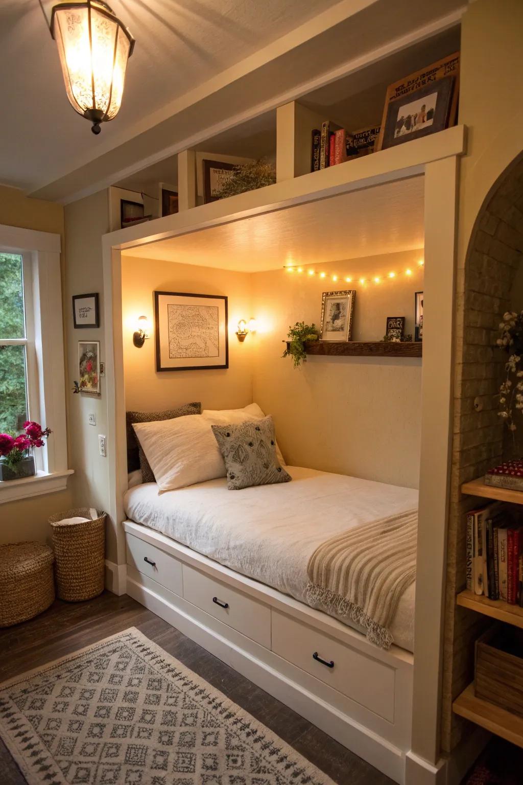 An alcove bed offers a cozy retreat within a small room.