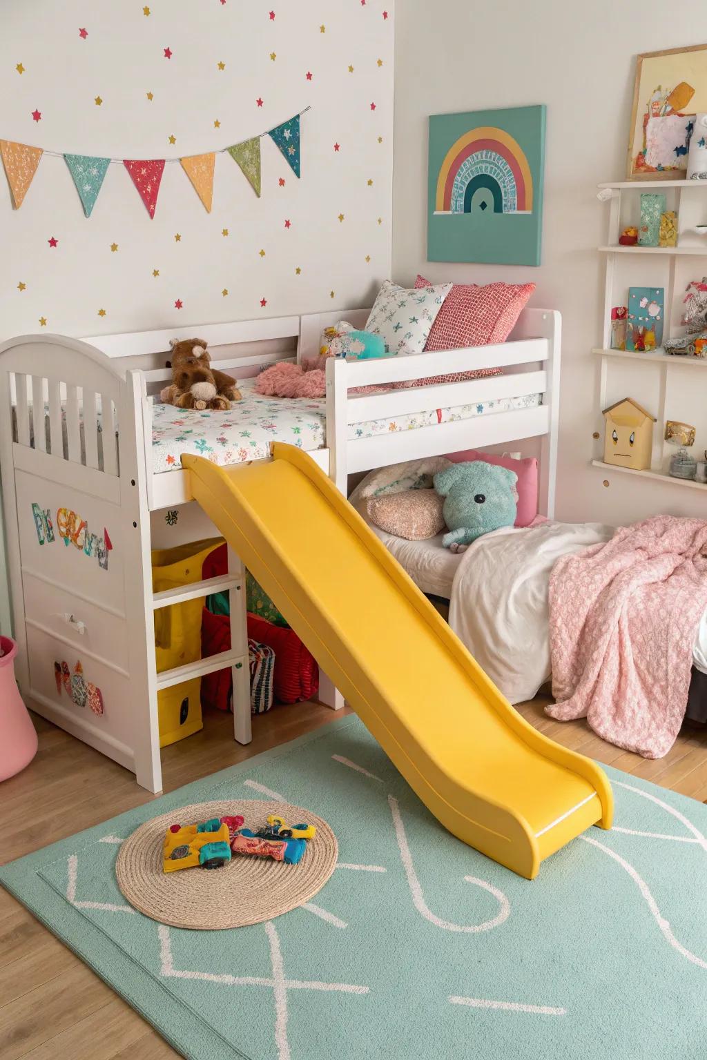 A bed with a slide, ensuring fun-filled mornings.