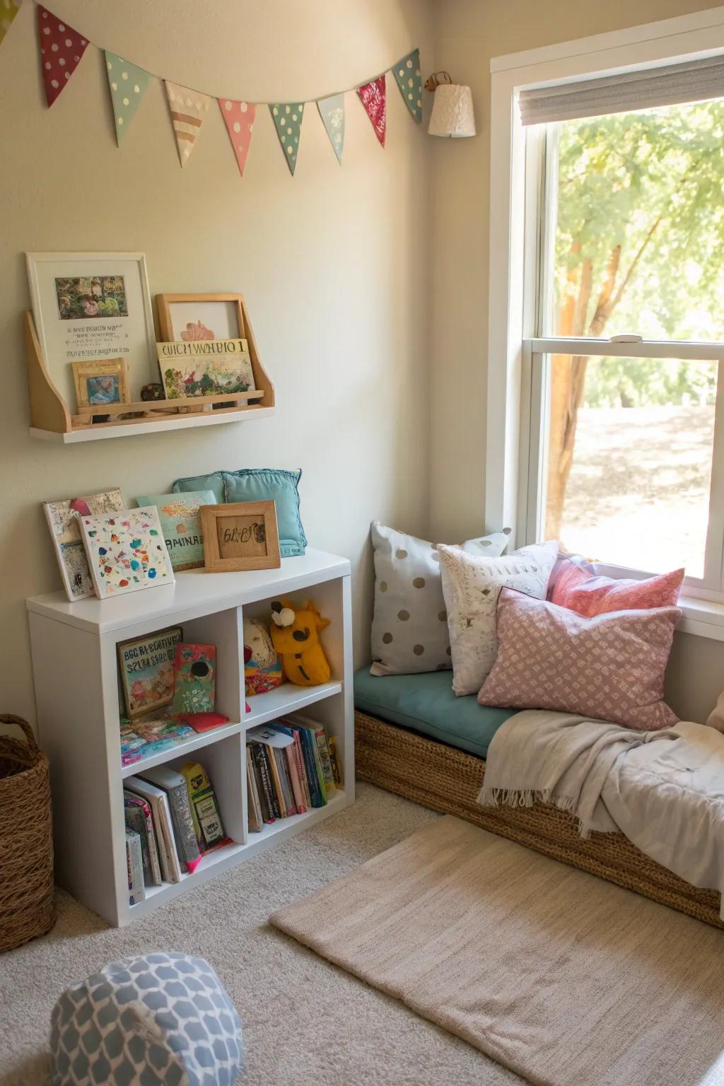 A snug reading spot is perfect for quiet moments and stories.