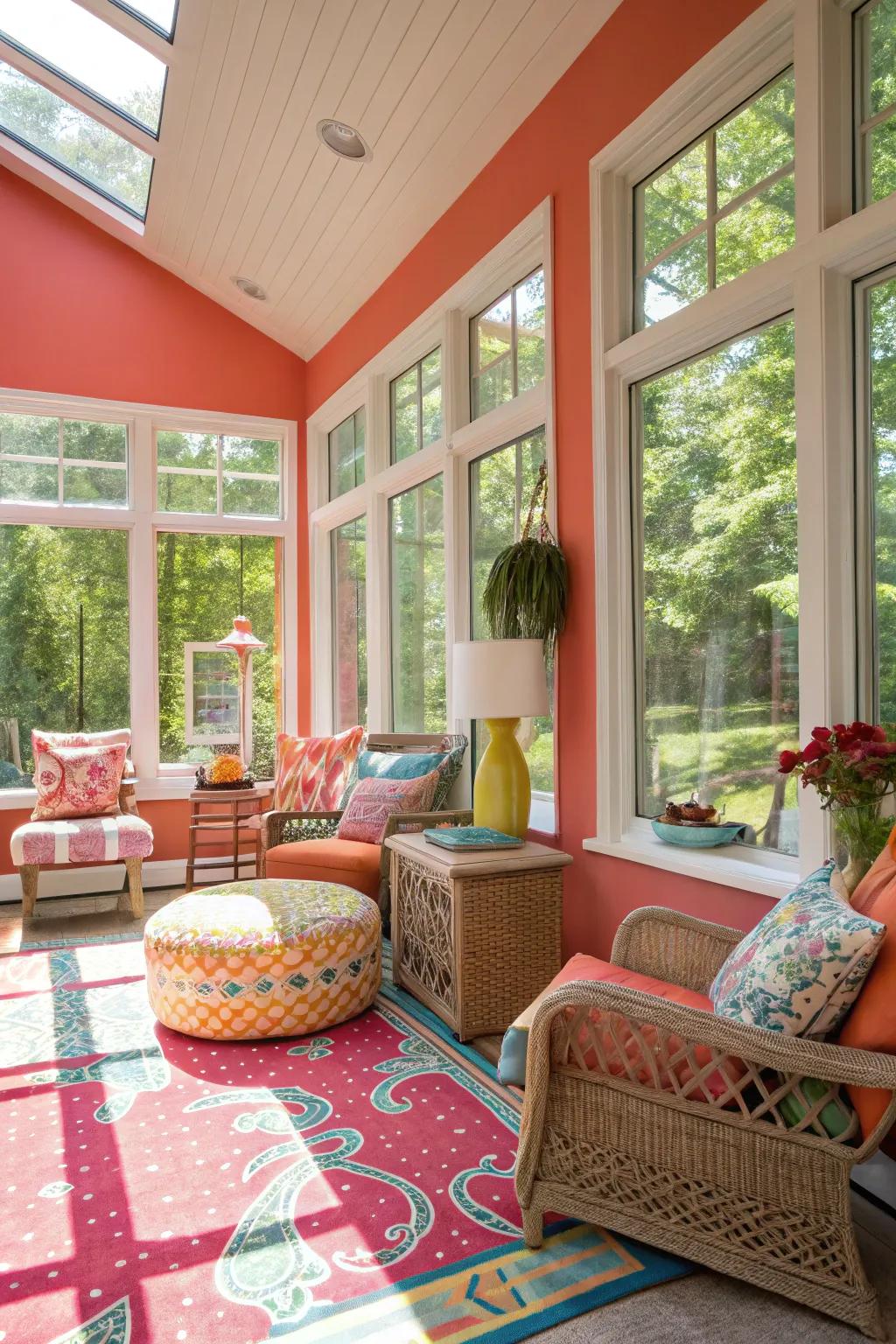 Coral accents in a sunroom providing vibrant energy and style.