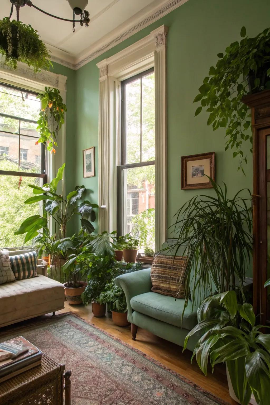 A townhouse living space featuring organic green walls for a refreshing vibe.