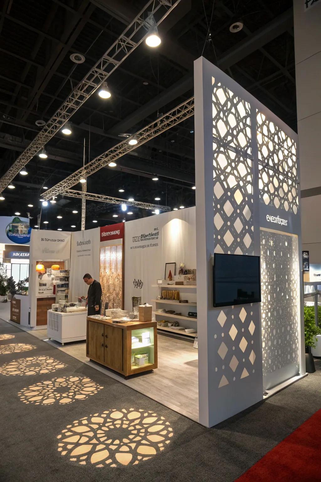 Shadow effects introduce dimension and visual interest to the booth design.