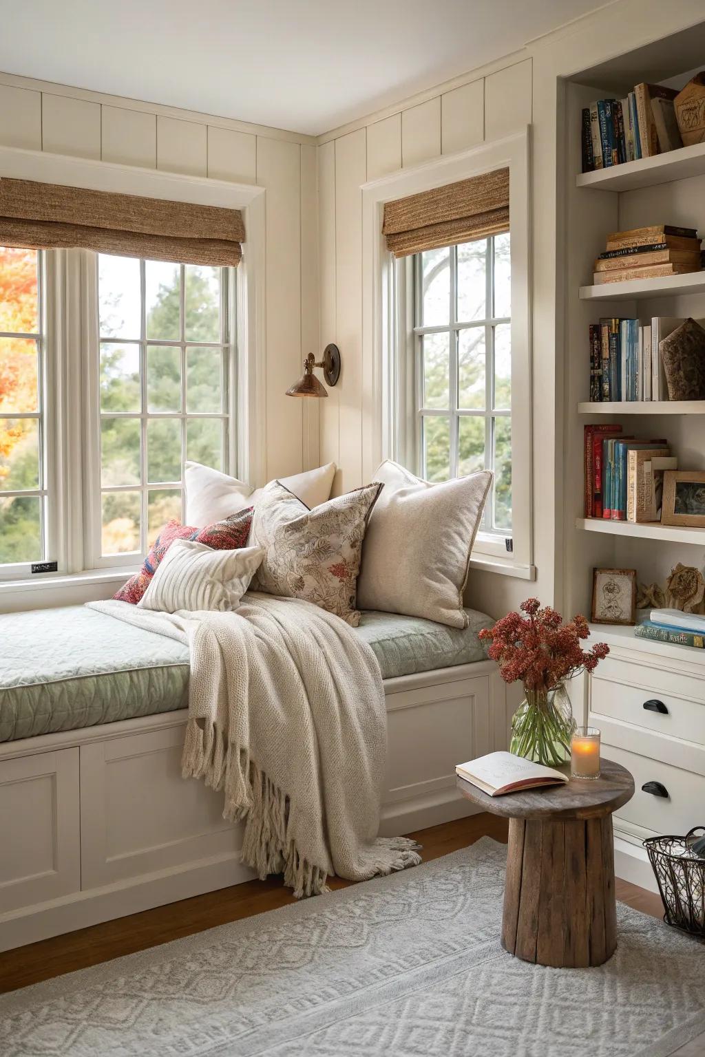 A window seat introduces charm and comfort.