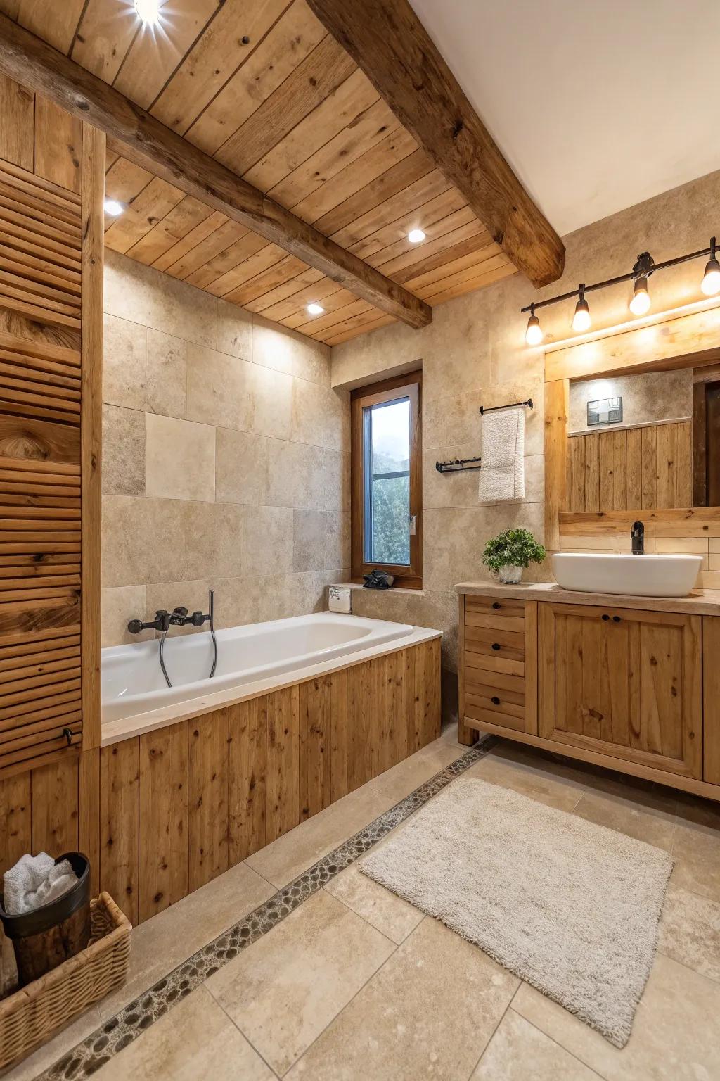 A travertine bathroom accentuated by eco-friendly reclaimed timber features.