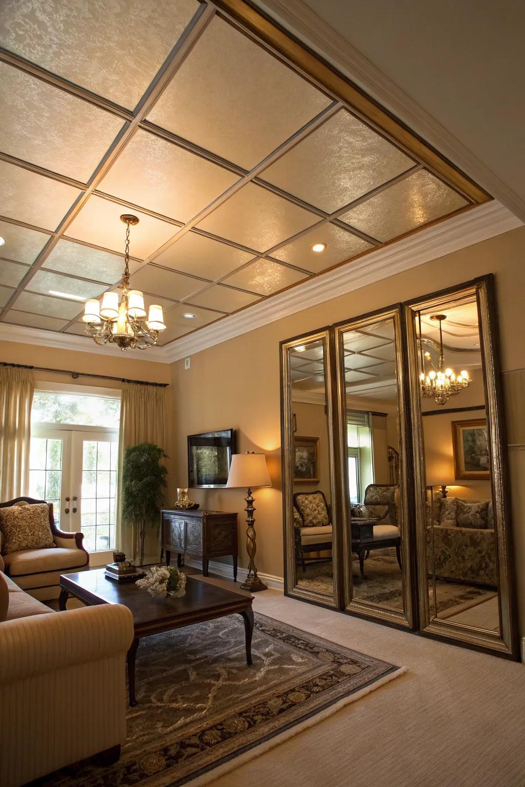 A living room with mirrored panels in the tray ceiling that enhance depth.