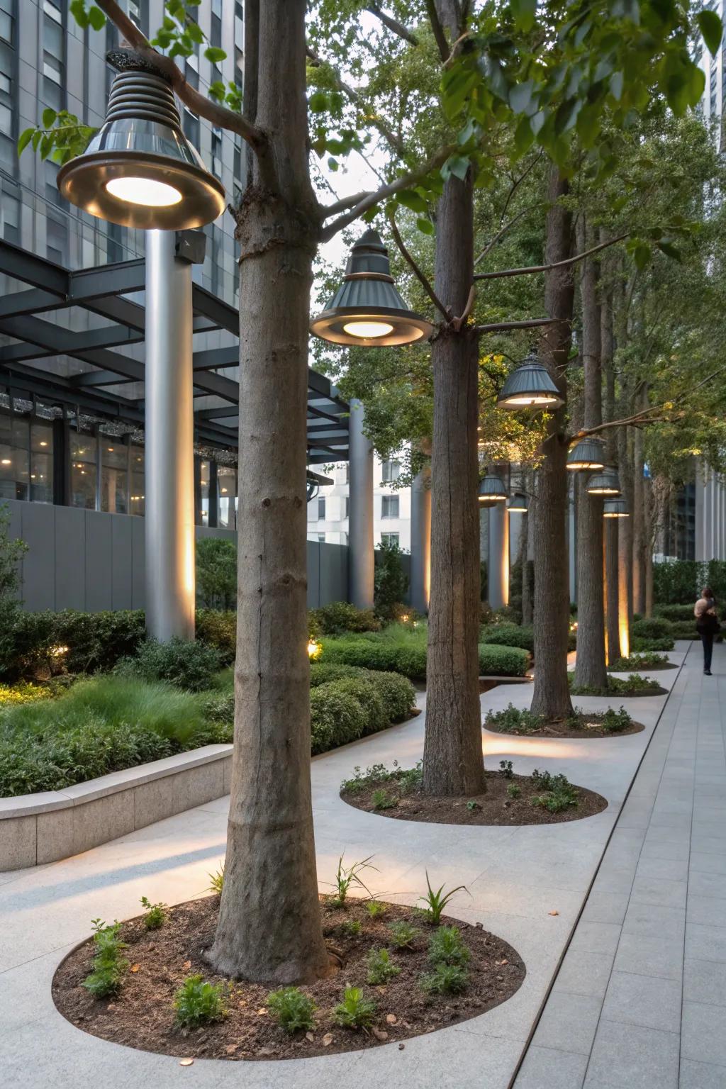 Metal components introduce industrial chic to tree lighting.