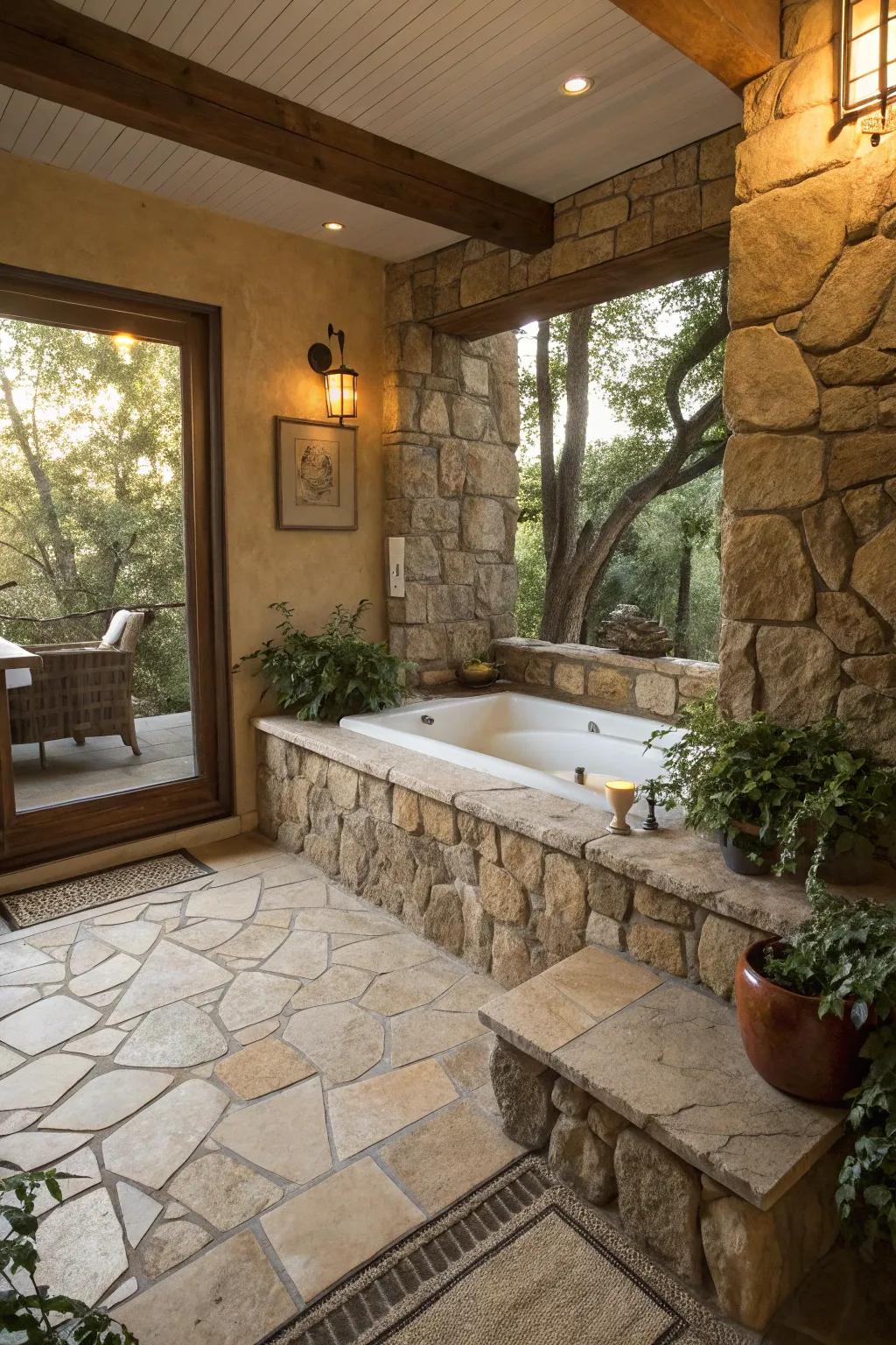 A serene bath surround with earthy natural rock accents.