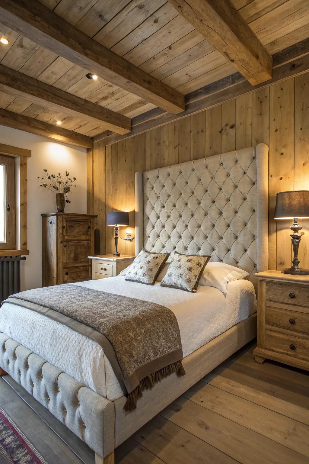 A rustic bedroom with a cozy tufted headboard.