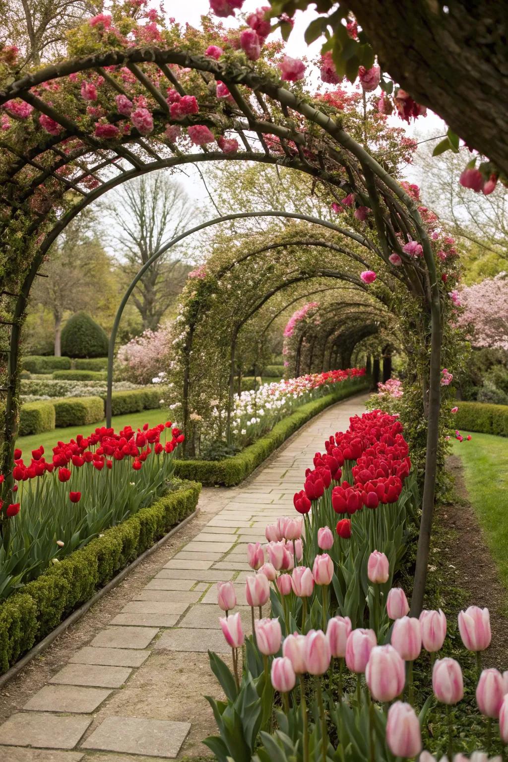 Garden archways lined with tulips, forming a romantic, inviting path.