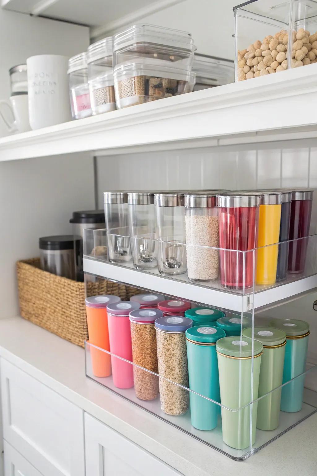 See-through plastic boxes for a modern tumbler display.