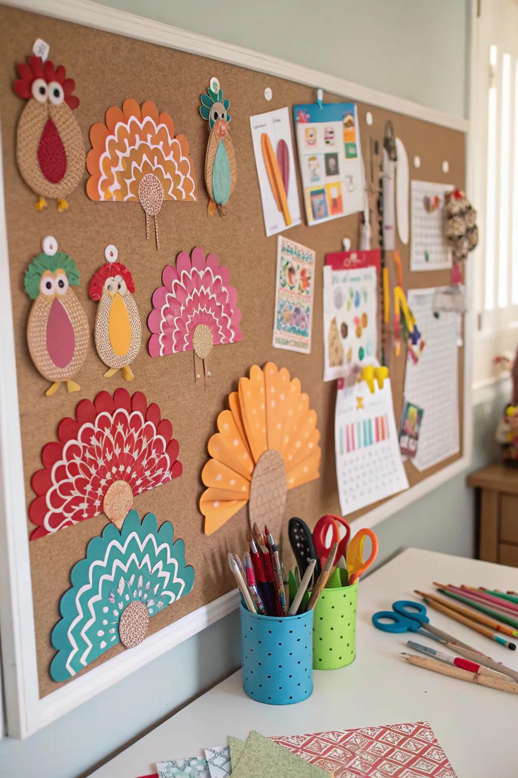 Patterned art paper turkeys introduce a handmade touch to the decor.