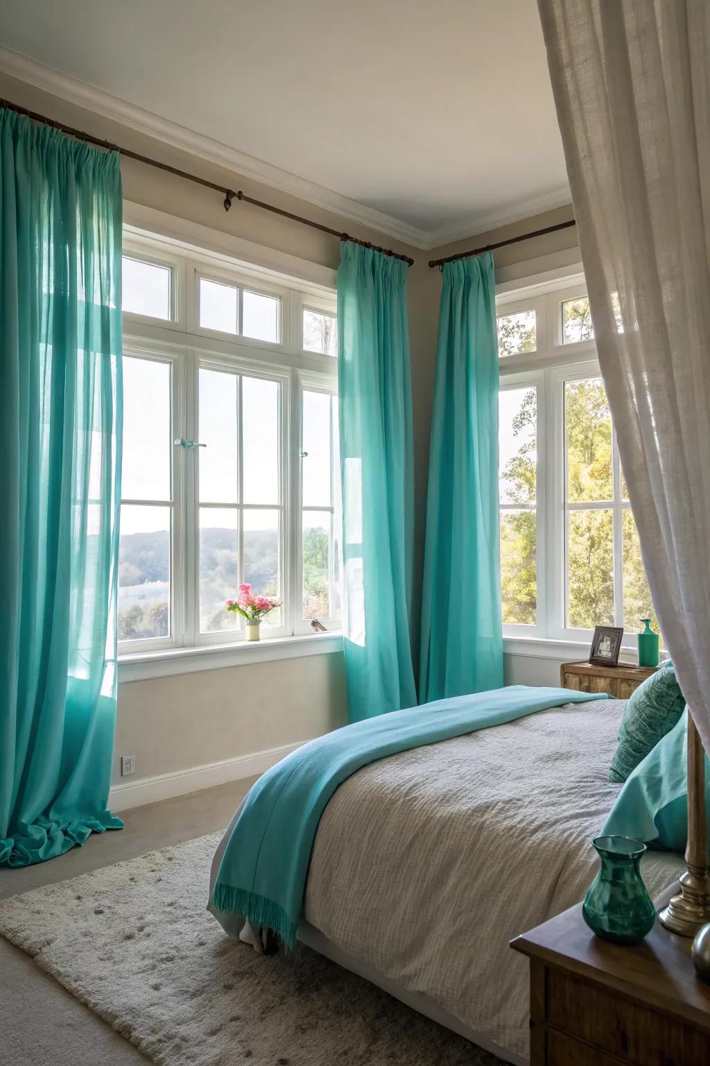 Turquoise curtains diffuse light and improve the ambiance of this bedroom.