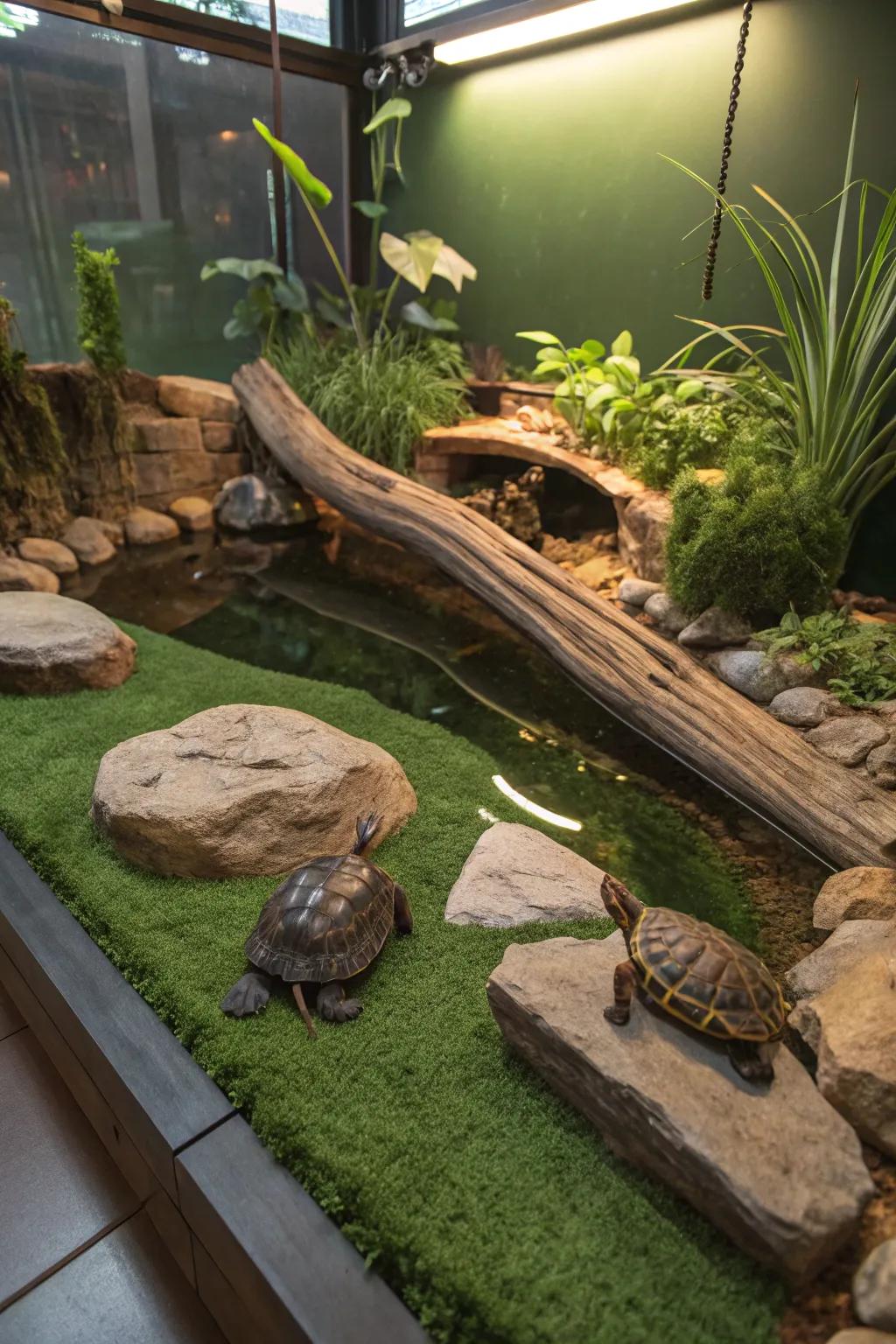 Synthetic turf proffers a soft, pleasant terrain for the turtle.