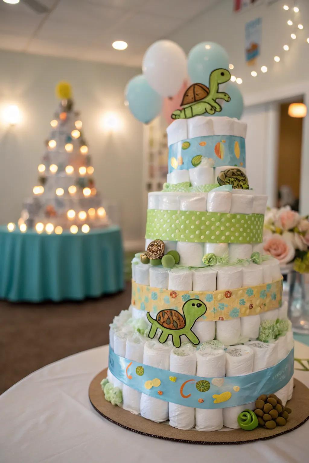 A practical and beautiful turtle-themed diaper cake.